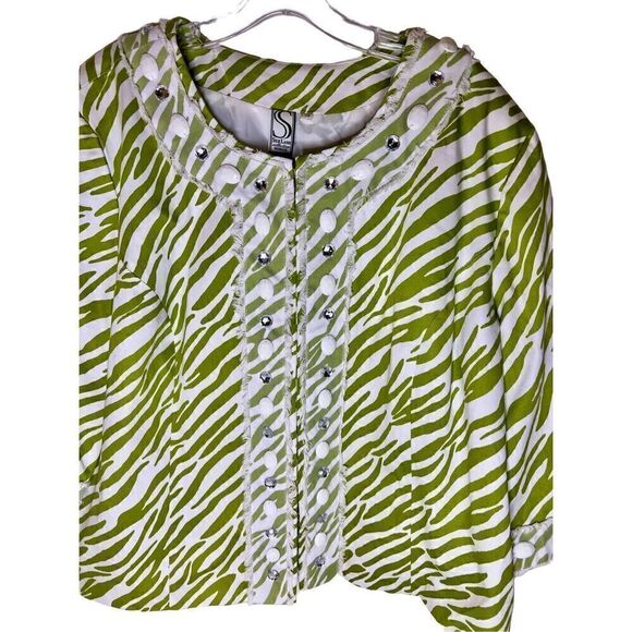 Silk Land Jacket Long Sleeve Boho Lime/White Print Mesh & Jewel Embellished 2XL - Picture 3 of 11